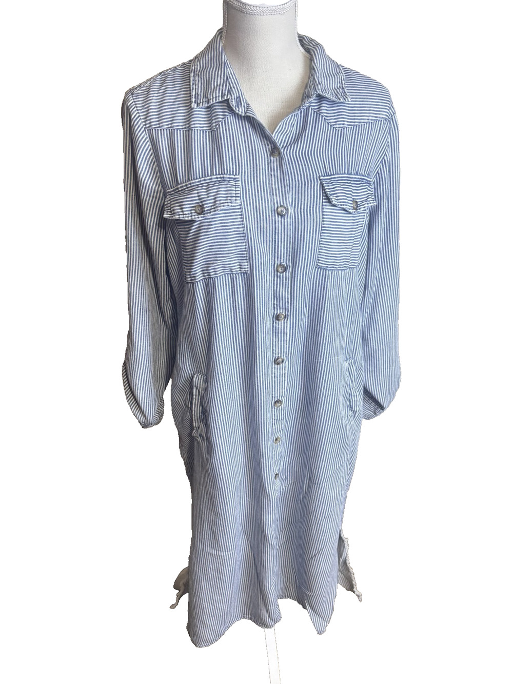 Billy T Blue striped Shirt Dress midi chambray Lyocell M western coastal cowgirl